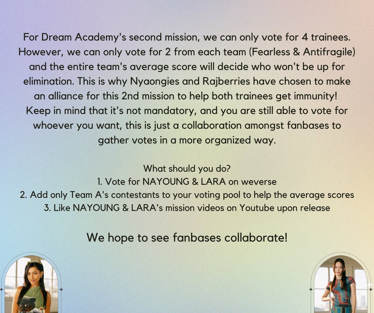 larasripics's tweet photo. [📢Voting Announcement]

Attention #RAJBERRIES and
#NAYAONGIES,

We are thrilled to reveal our voting alliance with nayaongies to secure #Lara and #Nayoung votes on Weverse and YouTube!

Let's support the teams together as 
one❤️

#DREAMACADEMY https://t.co/7YnA2Rz4MS