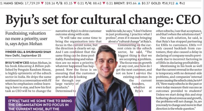 ivinder's tweet image. Byju’s new CEO Arjun Mohan tells us how he will redirect the company, saying accepting mistakes is when solutions start @Shubhangi_29 @_arjunmohan_ @BYJUS