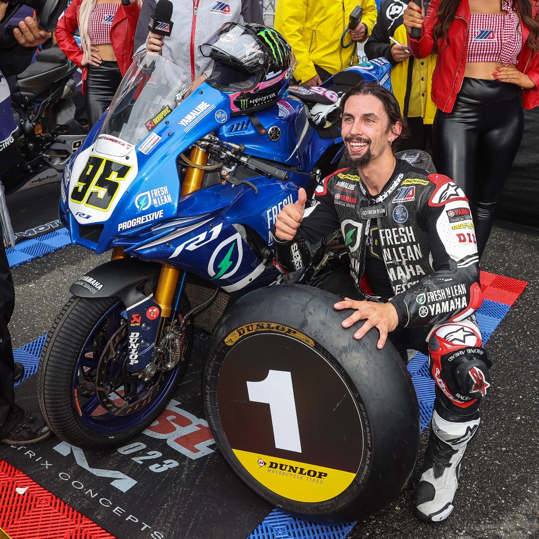 AmericanFlatTrk's tweet photo. ‼️ Round of applause for @JDBeach95 who absolutely dominated at the @MotoAmerica Season Finale! 👏 

The #ProgressiveAFT SuperTwins rider claimed victory in the final race of the 2023 MotoAmerica Superbike season at the New Jersey Motorsports Park in Millville, NJ. https://t.co/zwzmJxcaio