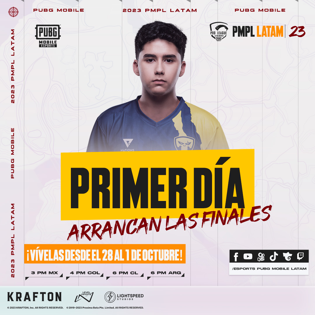 PUBGMOBILELATAM's tweet photo. Hoy comienza la Gran Final de la #PMPLLATAMFALL ¡Mucho éxito a los equipos clasificados!
3PM 🇲🇽 4PM 🇨🇴 6PM 🇨🇱 6PM 🇦🇷
📲No te pierdas las transmisiones por: https://t.co/NN2WLmoeX7 https://t.co/ab3AWl7RAa