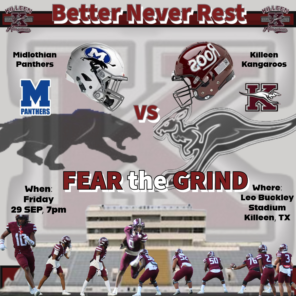 <a href="/KHSRoos/">Killeen High School</a> Nation lets represent for <a href="/KHSRoosFootball/">Killeen Kangaroos FB</a> Fridays game! Bring that 🔥!!! <a href="/KHSLadyRooBball/">Killeen Lady Roo Basketball</a> <a href="/KangarooTrack/">KHS Track & XC</a> <a href="/RooBaseball/">KHS Baseball</a> <a href="/KHSLadyRoosTF/">Killeen Lady Roos Track & Field</a> <a href="/RRBB_KHS/">Killeen Runnin Roos Basketball</a> <a href="/khsladyroovball/">Killeen High School Volleyball Team</a> <a href="/KHSRooTennis/">KHS ROO TENNIS</a> <a href="/coachsadler/">Josh Sadler</a>