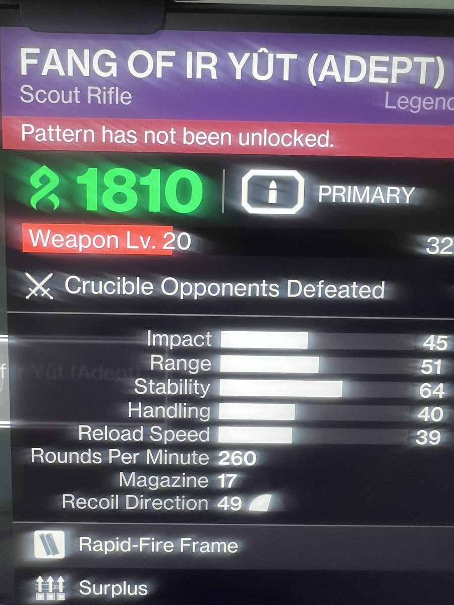 Menty's tweet photo. @BungieHelp #BugAlert I can’t Update my perks on the Crota Raid weapon Adept because it said the pattern isn’t unlocked but the pattern can never be unlocked because it’s Adept. https://t.co/LN5aGs32Mr