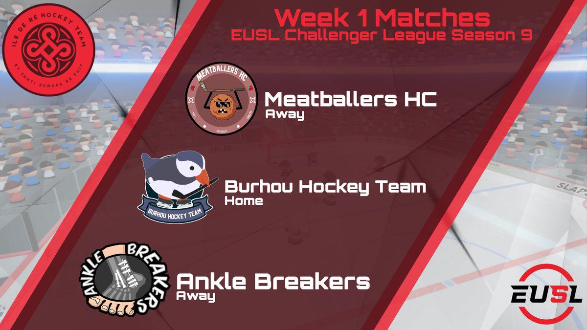 IleDeReHT's tweet photo. 🚨ANNOUNCEMENT🚨
Our Week 1 Matches have been announced for @EUSLSlapshot Challenger League Season 9
🆚Meatballers HC (Away)
🆚Burhou Hockey Team (Home)
🆚Ankle Breakers (Away)
Game Days will be announced once confirmed.
#HockeyFromDeRe #EUSL #RéIsland #Ré https://t.co/KTK1ZPoQW6