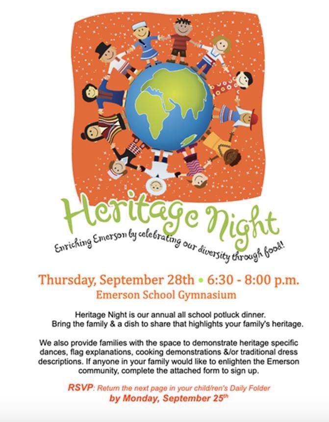Join us for Heritage Night! 
🌍💜
Thursday, Sept. 26th 
6:30pm
Emerson Gym