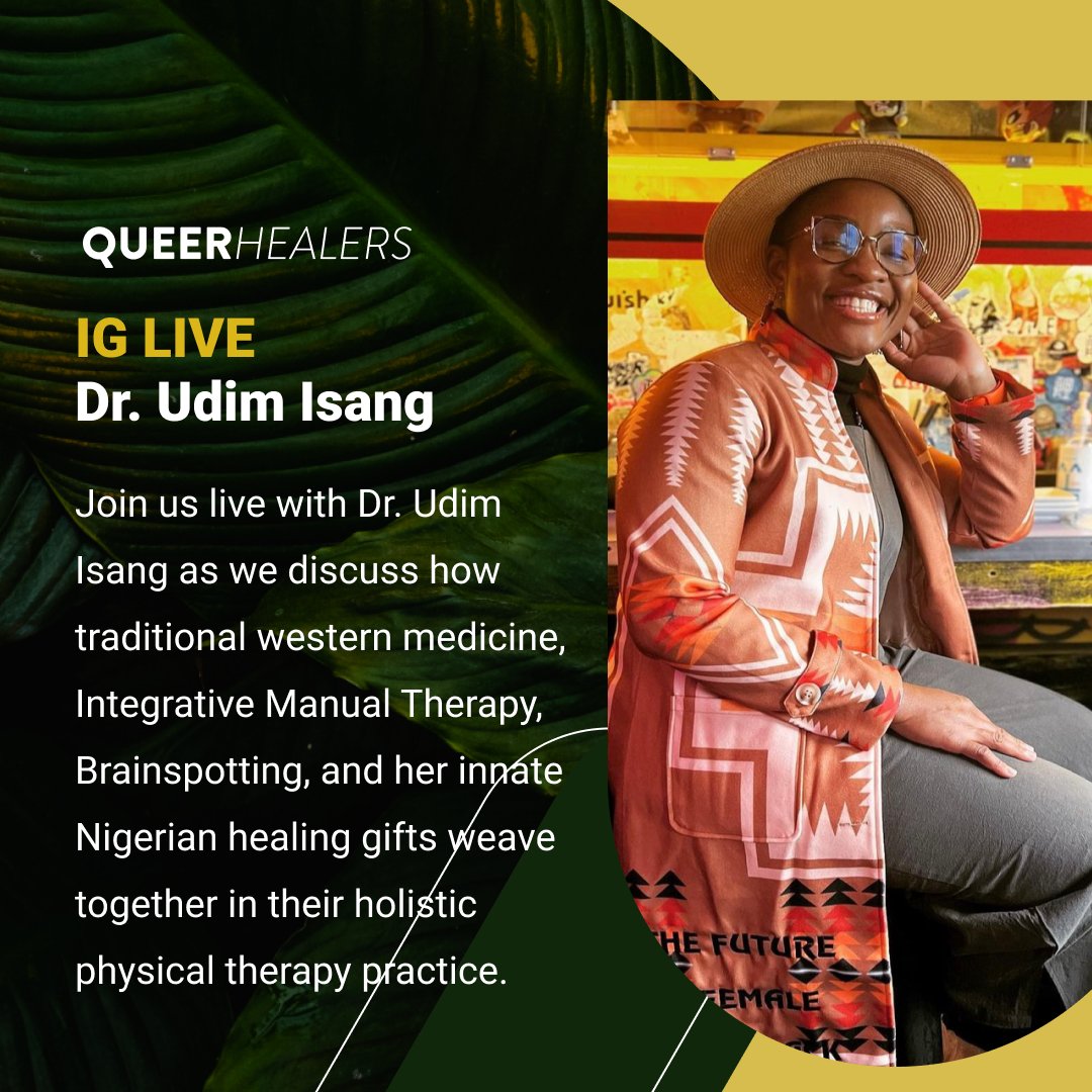 Join <a href="/QueerHealers/">Queer Healers</a> IG Live: Wed Sept. 27, 6pm ET w/ Dr. Udim Isang in DC. They'll discuss how traditional Western medicine, #IntegrativeManualTherapy, #Brainspotting, and Dr. Isang’s innate #Nigerian #healing gifts are woven together in her #holistic #physicaltherapy practice.