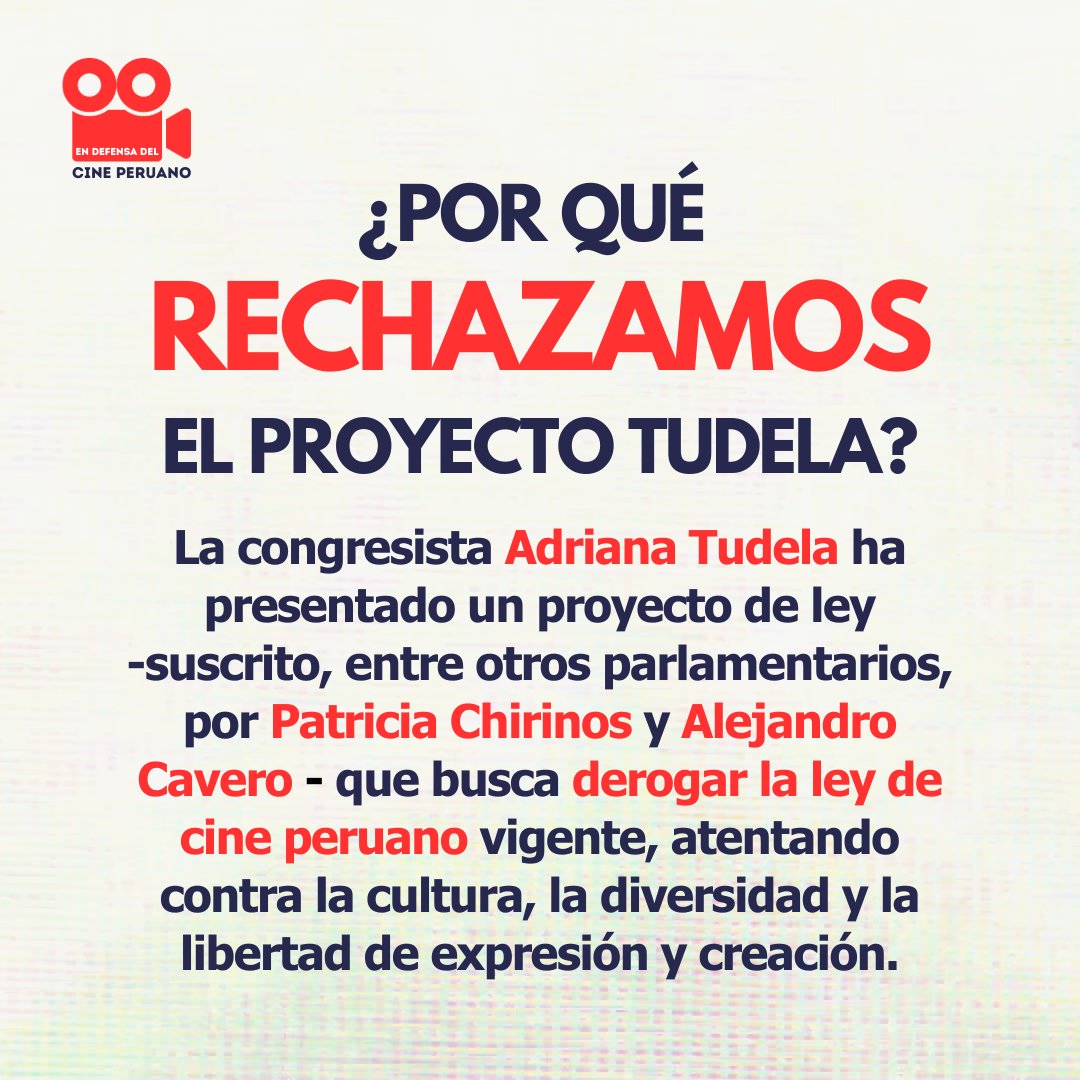 🎥🔥 ¡Más de 780 profesionales y 48 gremios y organizaciones de #CinePeruano 🇵🇪 le dicen NO al Proyecto de Ley Tudela! 

👉 bit.ly/defensacineperu 

#EnDefensaDelCinePeruano 🎥🇵🇪
#NoAlProyectoLeyTudela 🛡
🧵 (1/5)