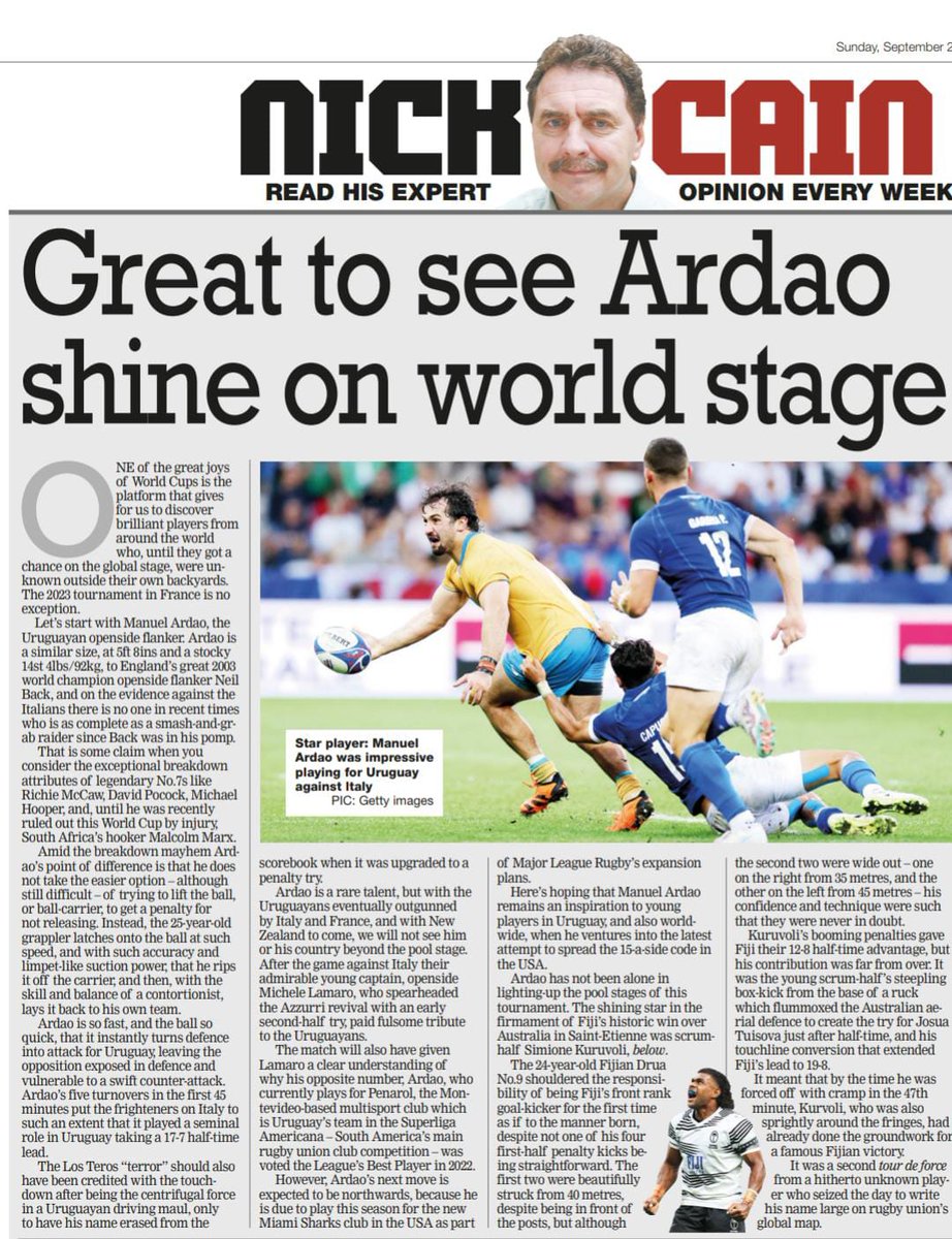 Gran elogio de The Rugby Paper a Manuel Ardao: "Es muy bueno ver a Ardao brillar al máximo nivel"
"No toma la opcion de forzar penal sino que va a la pelota con tal velocidad que la arranca al portador y como contorsionista gira y se la da a su equipo"
"Talento fuera de lo cmún"