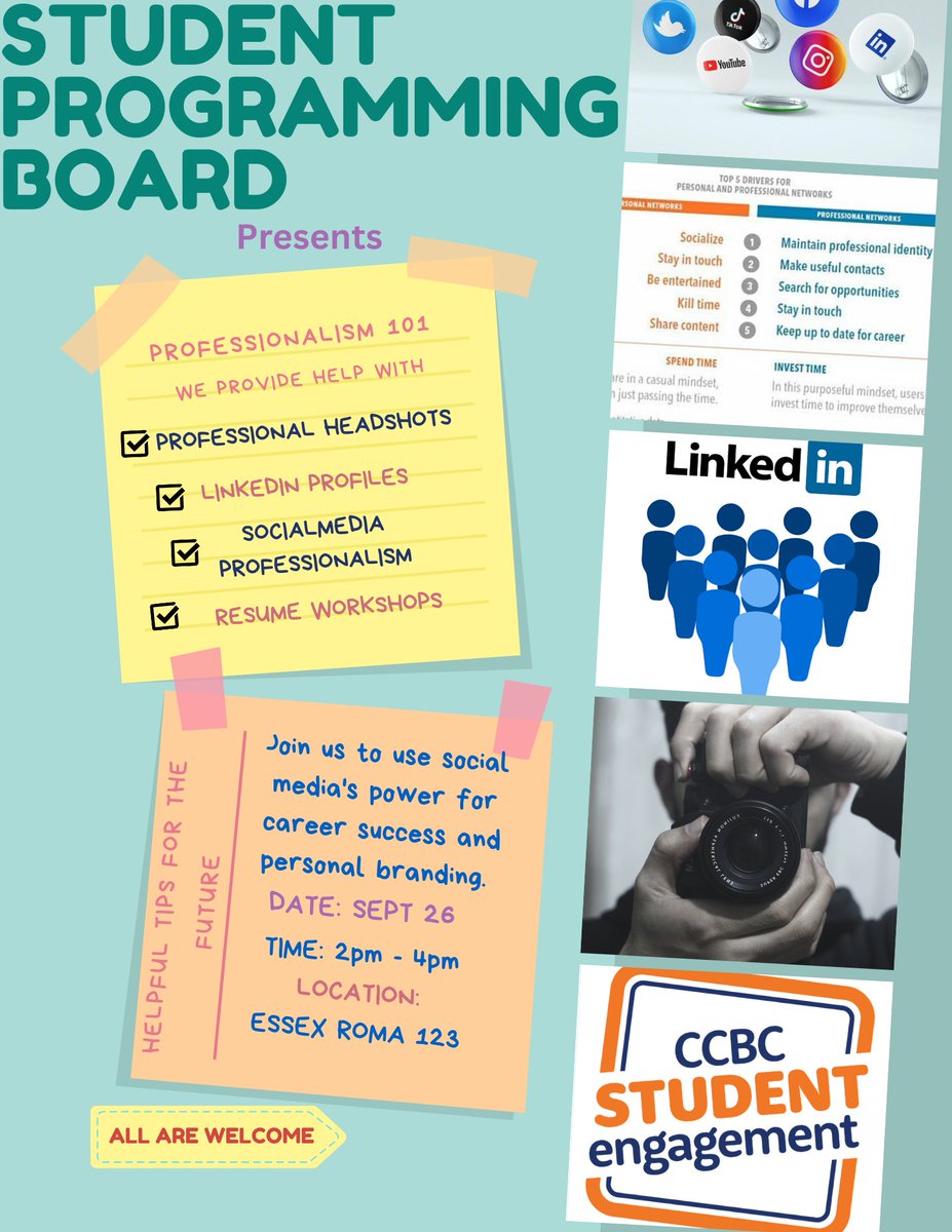 CCBCTransfer's tweet image. Your social media presence matters. Get help TOMORROW with creating Linked in Profiles, start your resumé  in CCBC’s Career Coach, and have a "headshot" taken.  
Sponsored by the Student Programming Board at CCBC.