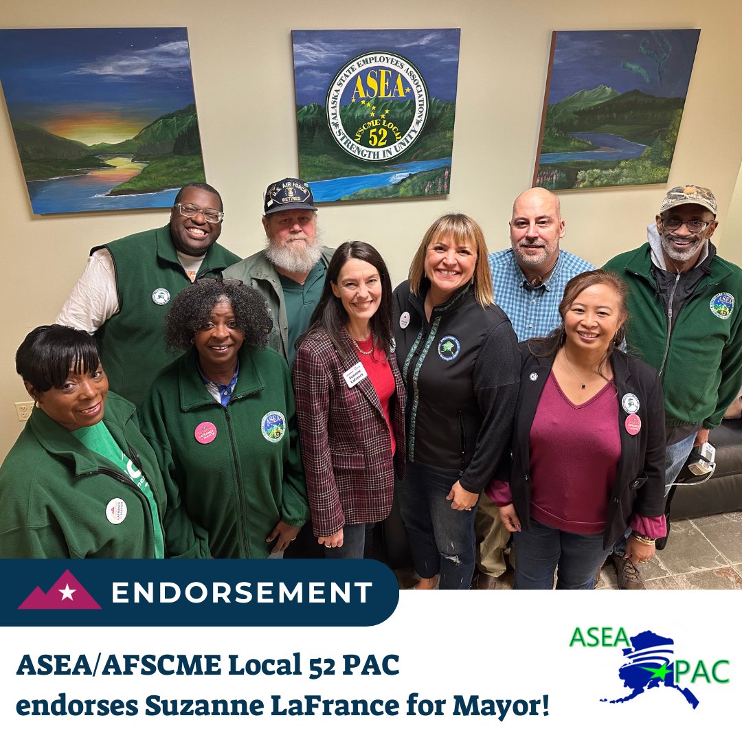 So excited to announce that ASEA/AFSCME Local 52 PAC has endorsed our campaign! ASEA/AFSCME Local 52 represents more than 8,000 state, borough, and municipal employees, and we're excited to work together to get Anchorage back on track. #ANCgov #Anchorage #1u