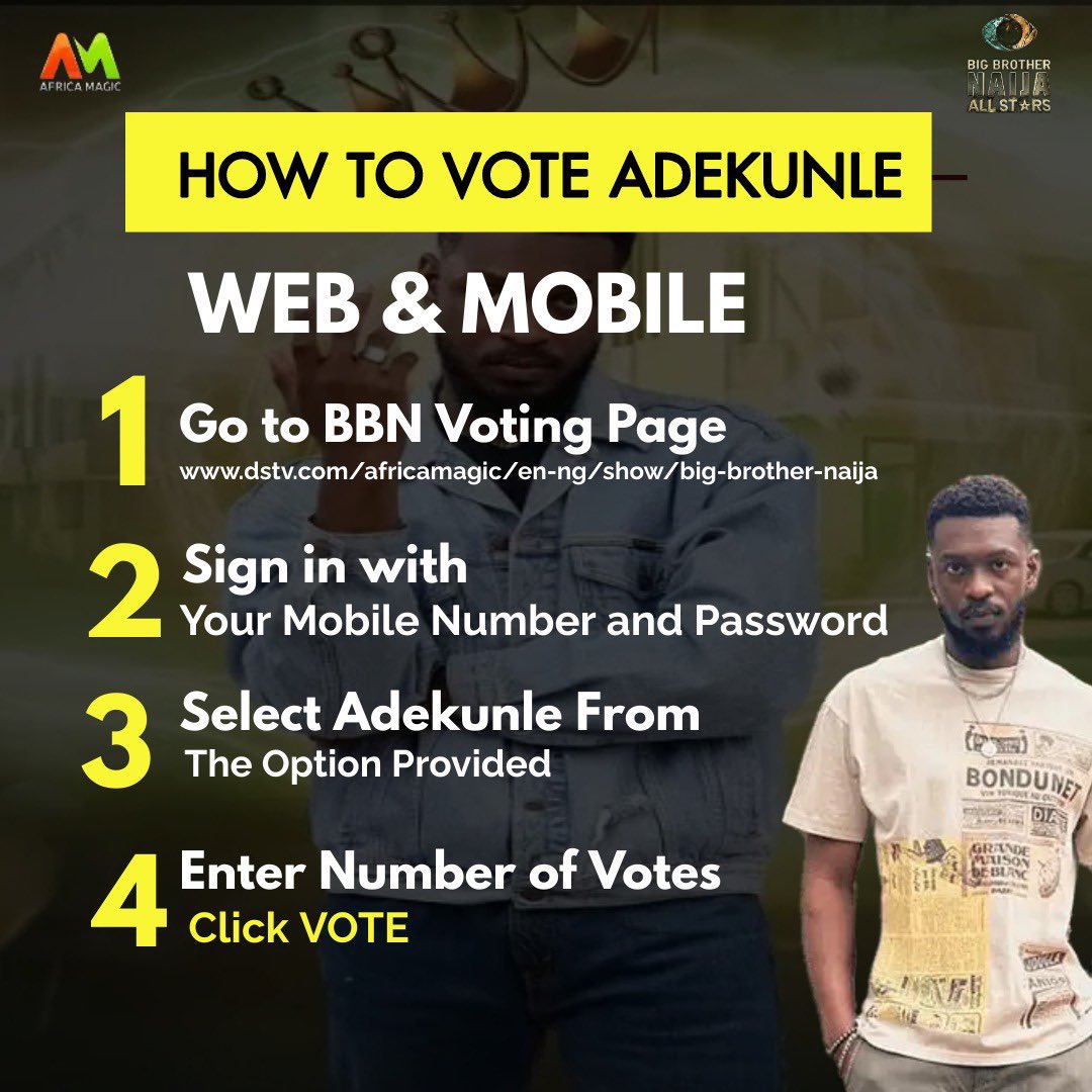 PrincekoladeB's tweet photo. All our vote for Adekunle, let keep it up with maximum vote for him.
BADBOYDEKS lovers, May our shadow never grow less by God grace 🙏 #AdekunleX120m
#VoteAdekunle #DODNA #Alex #Pooja #Islanders #BBNaijaAllStar @adekunleolopade https://t.co/GGqgOVpM8b