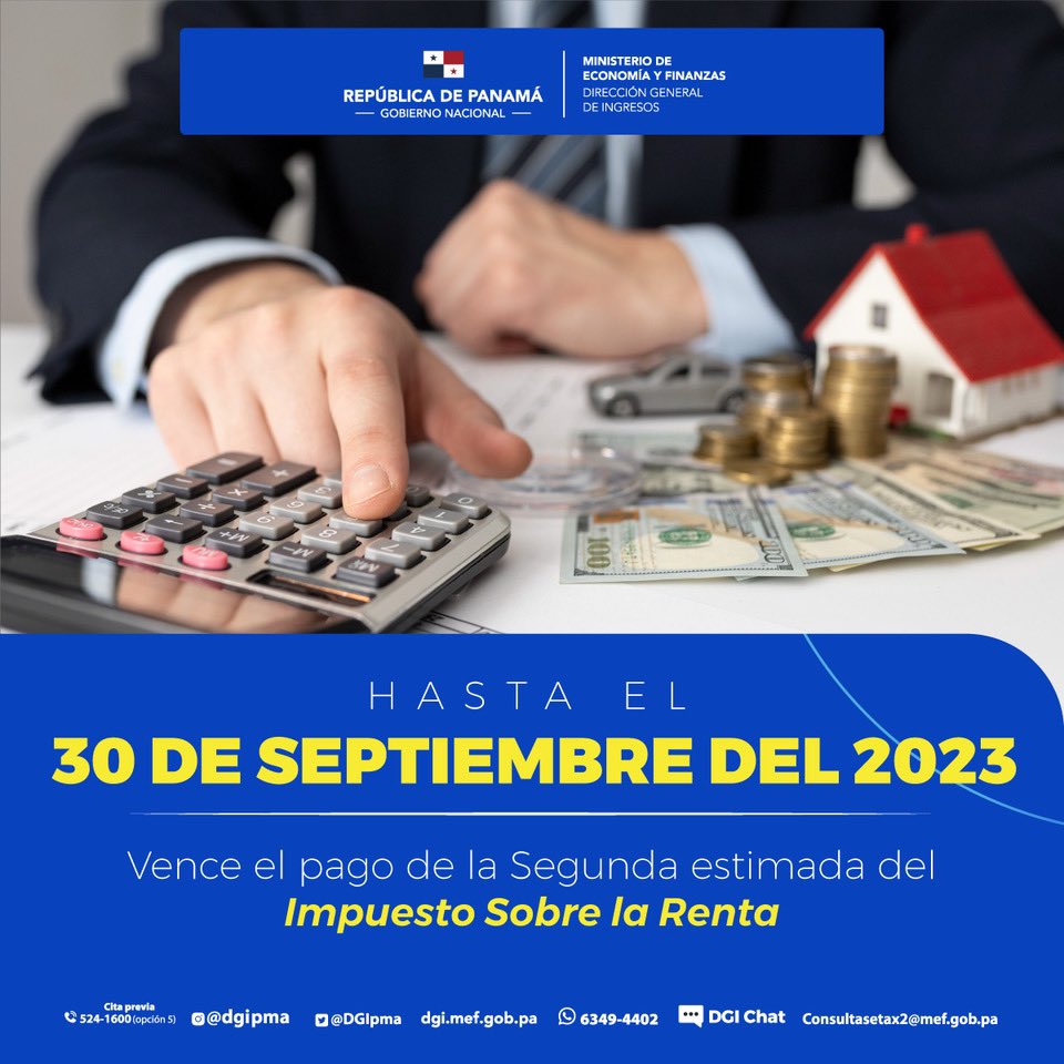 Estimado contribuyente, el 30 de septiembre vence el pago de la Segunda Estimada del Impuesto Sobre la Renta.

#ImpuestoSobrelaRenta
#CulturaTributaria