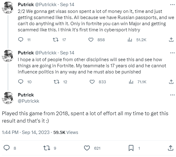 Jake Lucky (@jakesucky) on Twitter photo Fortnite Pro Putrick has called out Fortnite after being disqualified from FNCS Copenhagen and being told he will not be receiving his $200,000 for winning an FNCS Major because he and his teammate are Russian Fortnite Pro Putrick has called out Fortnite after being disqualified from FNCS Copenhagen and being told he will not be receiving his $200,000 for winning an FNCS Major because he and his teammate are Russian