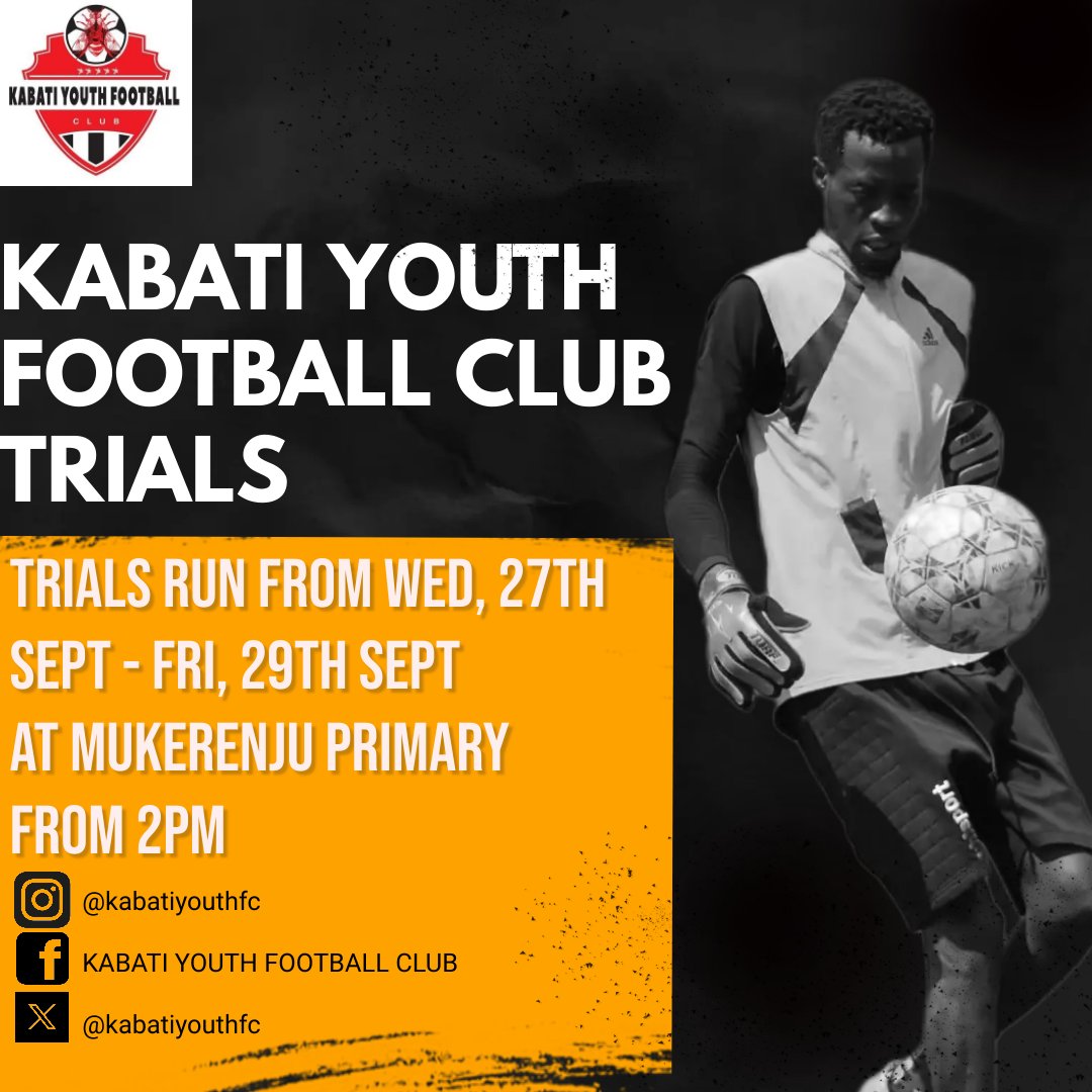 Just in case you missed the first trials here's another chance for you.
Kabati Youth Football Club Trials will run from Wednesday, 27th September to Friday, 29th Sept
At Mukerenju Primary
From 2pm

#KYFC #footballtrials #FootballKE