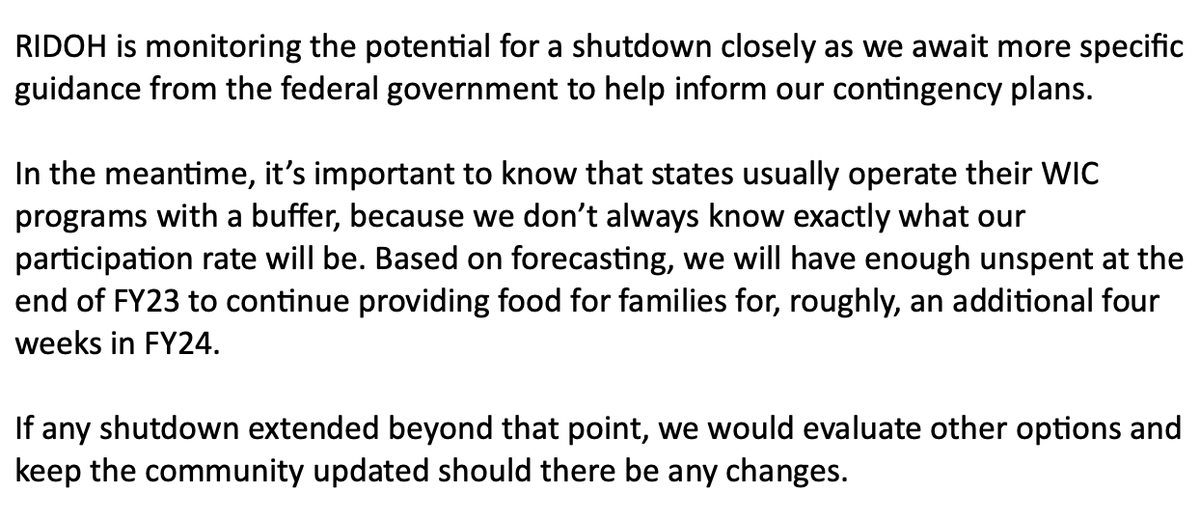 TedNesi's tweet photo. Shutdown Watch

@RIHealth says it expects to have enough leftover federal funding to keep the WIC nutrition program going for about 4 weeks if the federal gov't shuts down, but if the shutdown goes into the end of October they'd need to reassess what to do https://t.co/4BogpE71BW