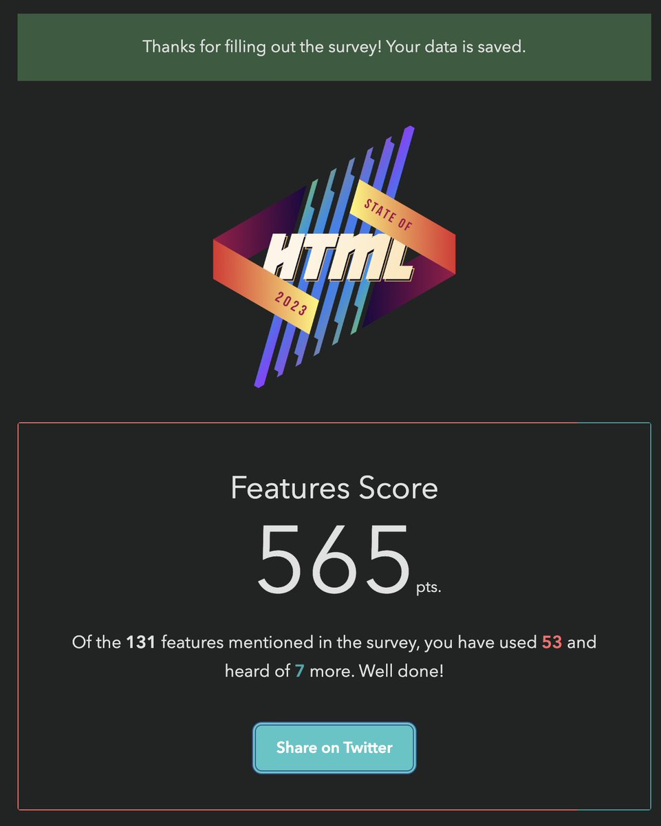 bmacabeus's tweet image. Participei do #StateOfHTML 📝
Gostei bastante. Tem várias features do JS/HTML que eu não conhecia e esse form me fez ter ciência delas.
Recomendo que você participe também!