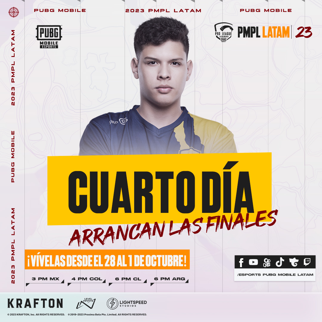 PUBGMOBILELATAM's tweet photo. 🚨 HOY ULTIMO DÍA GRAN FINAL #PMPLLATAMFALL ¿Quién será el campeón de LATAM? 🏆
3PM 🇲🇽 4PM 🇨🇴 6PM 🇨🇱 6PM 🇦🇷
📲No te pierdas las transmisiones por: https://t.co/NN2WLmoeX7 https://t.co/UctyPwoRJo