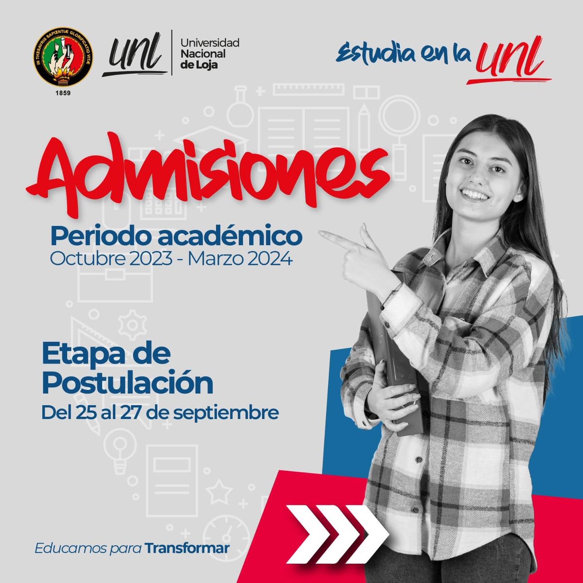 UNLoficial's tweet photo. 🔴 #AdmisiónUNL | ¡Inició la etapa de postulación! 📋

📌 Desde este 25 de septiembre podrás realizar la postulación de hasta 3 carreras entre las 47 que te ofrece la #UNL.

🔗 Postula aquí: https://t.co/qDx3rjfK4d

✅ Consulta en admision@unl.edu.ec 📩 https://t.co/XreYaJRMC6