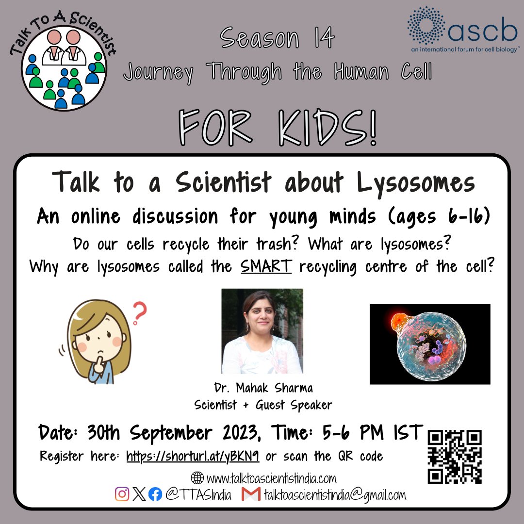 Join us this Saturday to “Talk To A Scientist about Lysosomes'🦠🧹🧽 Get ready to 'digest' some science as we learn all about lysosomes with Dr. Mahak Sharma(@MahakSharma23) from IISER Mohali. 📆30th September 2023 ⏰5 p.m. IST Registration Link: shorturl.at/yBKN9