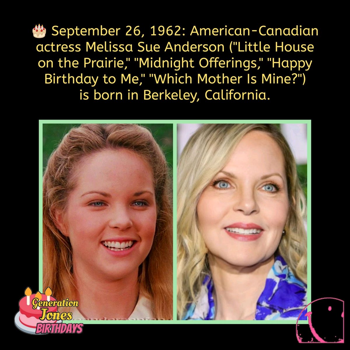 🎂 September 26, 1962:
#tvhistory #melissasueanderson #littlehouseontheprairie #happybirthdaytome #borninthe60s #whoisgenerationjones #generationjones #history #bornonthisday #borntoday #happybirthday