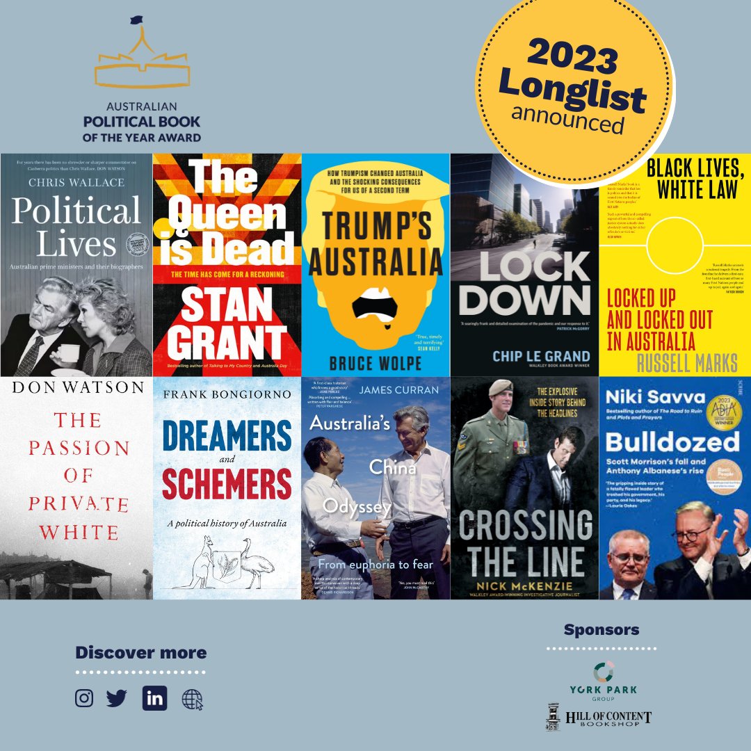 Exciting news this morning as we announce the 2023 #auspolbookaward longlist! Determined by our judges, @latingle, @barriecassidy and John Warhurst AO, these authors are in the running for $15,000.