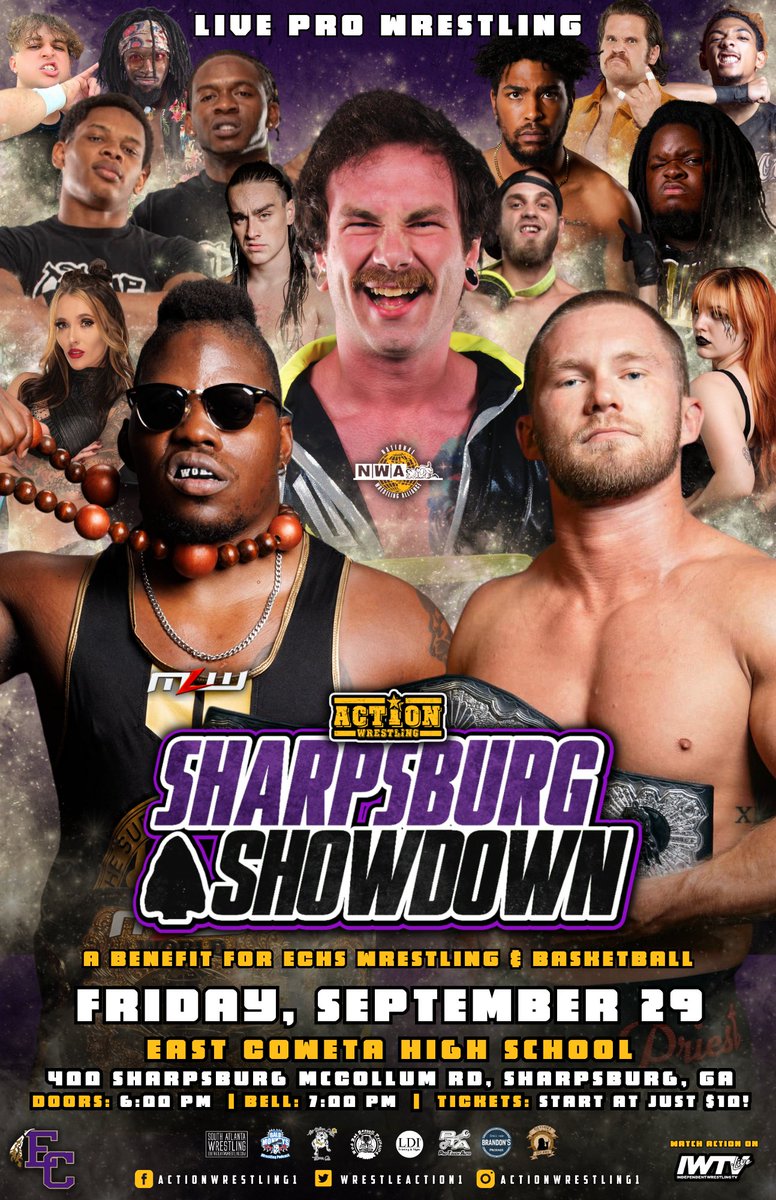 This Friday night! ACTION Wrestling presents SHARPSBURG SHOWDOWN at 7pm at East Coweta High School in Sharpsburg Ga! Tickets: ACTION-Wrestling.com