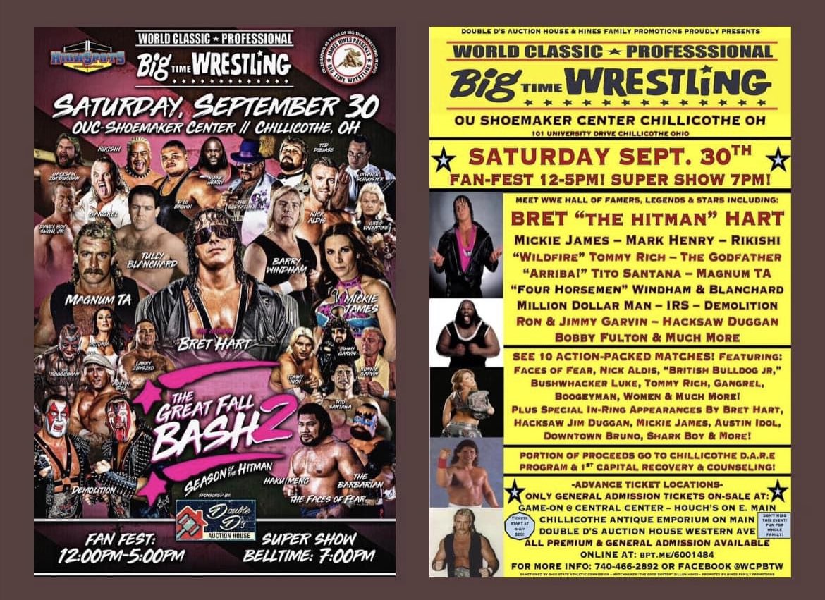 Please RT!
Sat Sep 30 @ OU-Shoemaker Center Chillicothe, Big Time Wrestling Great Fall Bash 2 feat Bret Hart &amp; over 30+ HOFers, Legends &amp; Stars incl. Mickie James, Mark Henry, Godfather, Rikishi, Hacksaw Duggan &amp; more! Fan Fest 12-5 &amp; Super Show @ 7! 
🎫: bpt.me/event/6001484!