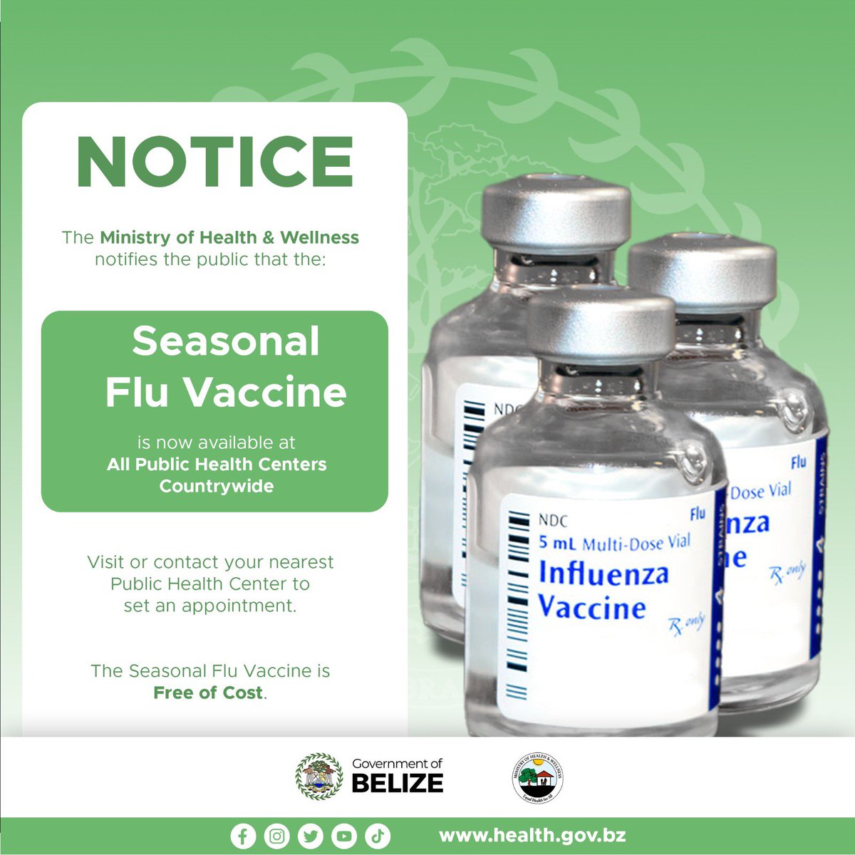 The Seasonal Flu vaccine is now!

We strongly advise these groups to get the vaccine.
📌pregnant women
📌Older persons
📌persons with asthma or any medical condition that weakens their immune system. 

Visit any health center for more information.
