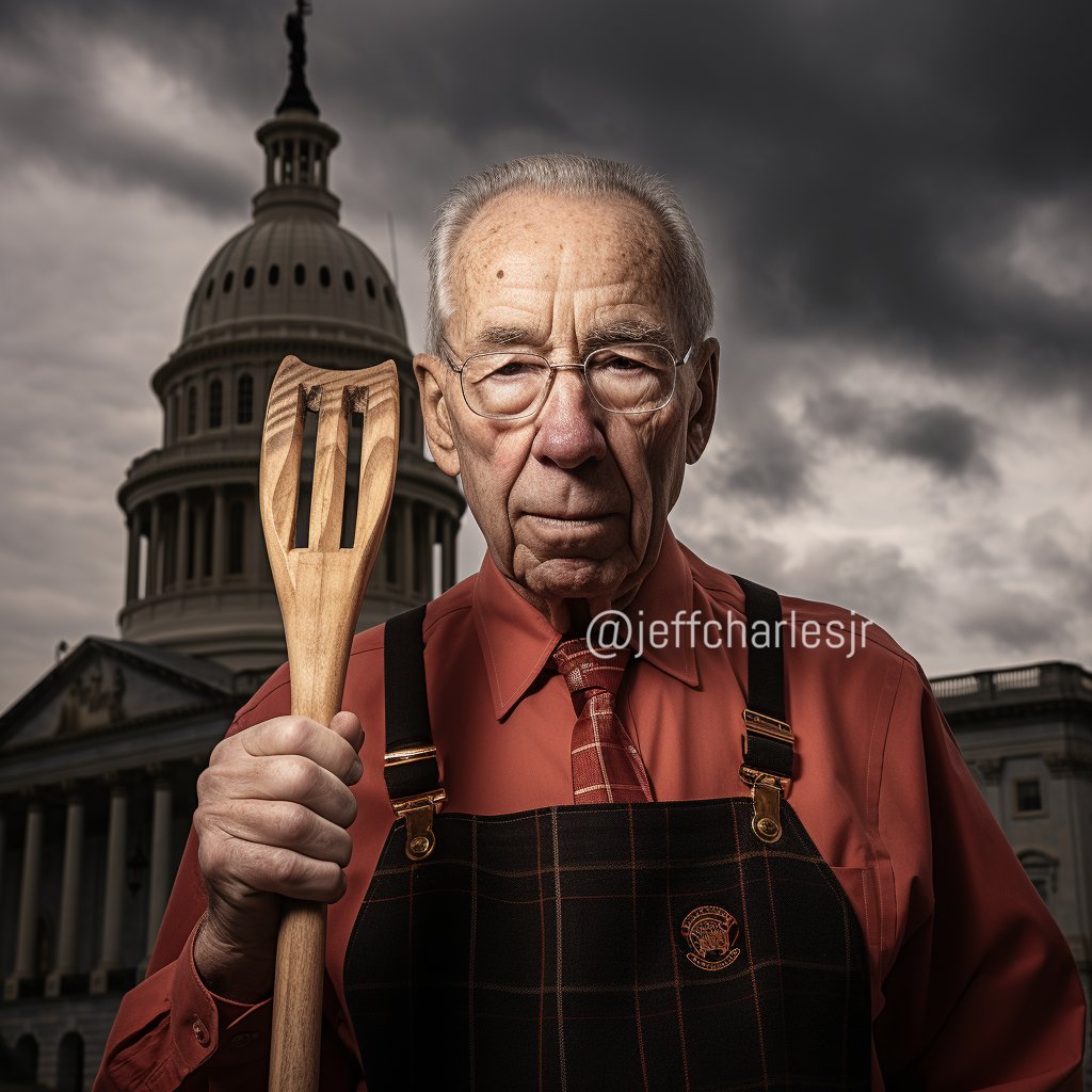 jeffcharlesjr's tweet photo. BREAKING: Sen. Chuck Grassley showed up at the Capitol building dressed in his usual farmer wear after the Senate changed its dress code.

Why is he holding that wooden spatula in his hand?

#SenateDressCode https://t.co/zp8N2ZjcDN