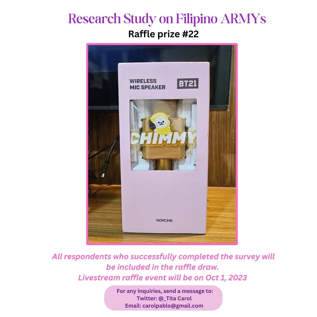 _TitaCarol's tweet photo. Two #BTSFiloARMY raffle draws will take place on Oct 1, for the online survey and group interview participants. Did you receive your email already?

You can still join the survey: https://t.co/vkUo2pPfuU

You may win 1 CHIMMY MIC
if you are a participant of the study.  Sali na! https://t.co/wT8DYeRHHB