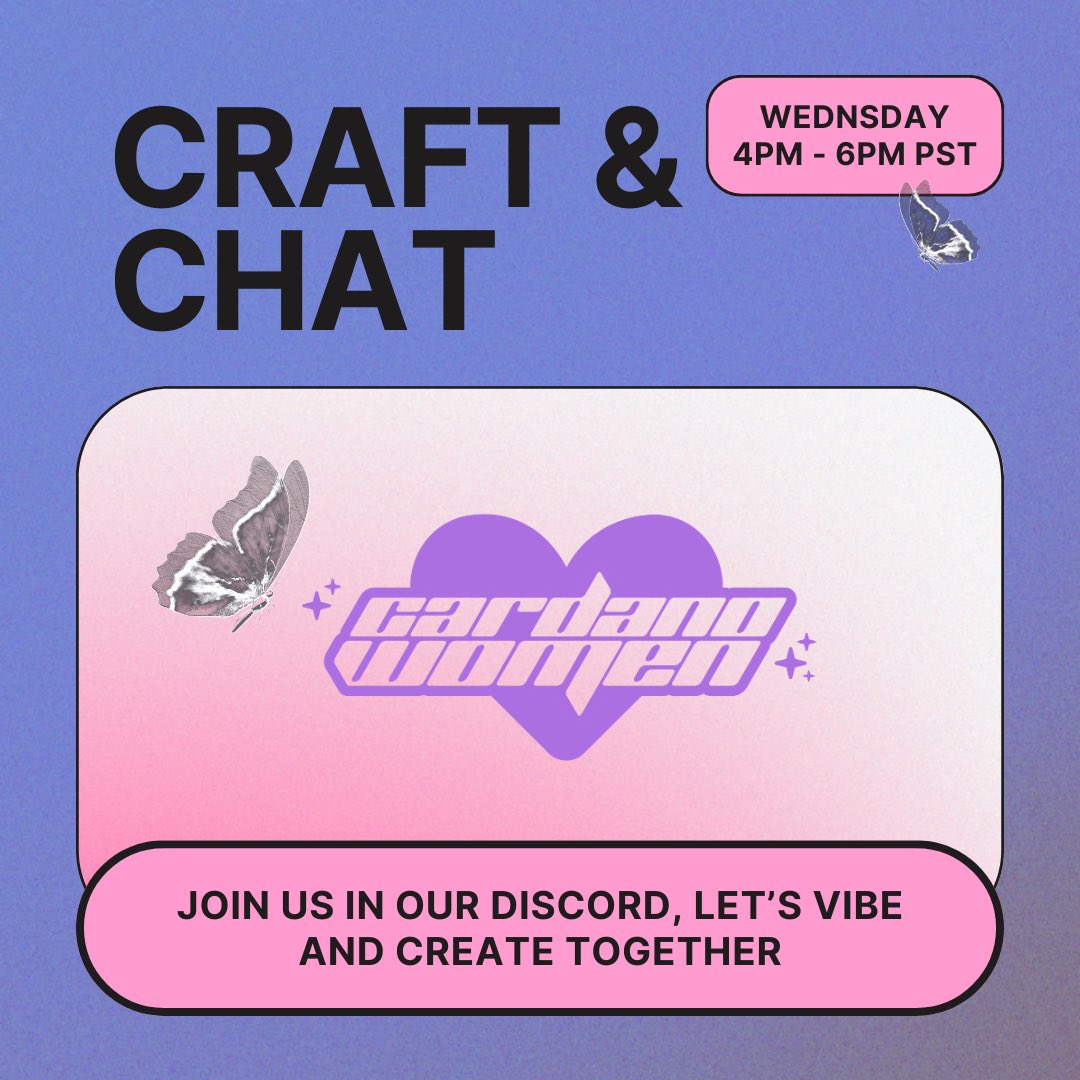 CardanoWomen's tweet image. 🖤🗓️ Time to save the date 🗓️🖤

Join us at 4pm PST Wednesday. Where we look forward to hosting another Craft &amp;amp; Chat 🎨  - lead by @llalypop

Let&apos;s vibe &amp;amp; get creative together

discord.gg/cardanowomen

#CardanoRepost #creativespace #discord #art