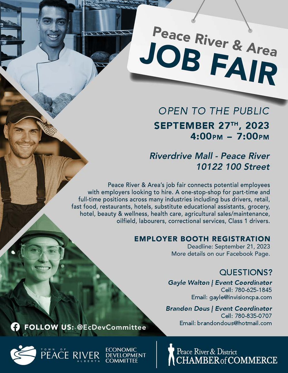 We're excited to connect employers with new employees through this year's Peace River &amp; Area Job Fair! Join us Sept. 27, 2023 at Riverdrive Mall from 4pm-7pm.

More info, including a list of participating employers, is available here: peaceriver.ca/peace-river-ar…
#peaceriver