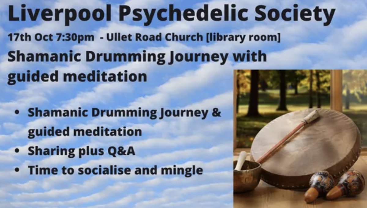 The Liverpool Psychedelic Society are meeting soon at @ulletroadchurch with a guest practitioner for a Shamanic Drumming Journey with guided meditation! 
 
ulletroadchurch.uk/event/liverpoo…

#whatsonliverpool #southliverpool #psychedelic