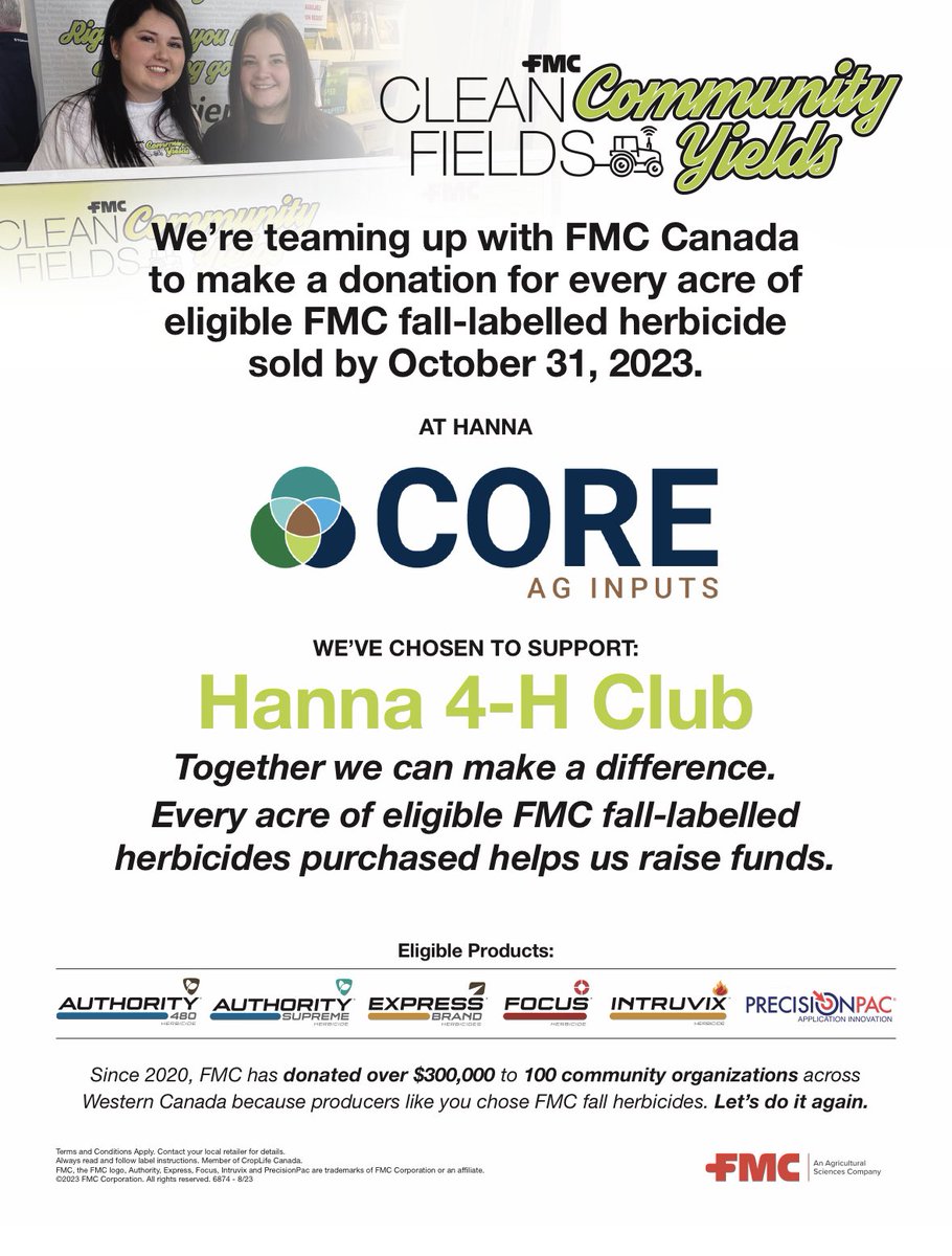 CORE_Hanna's tweet photo. Book your @FMCAgCanada fall products with us and support a great local organization , Hanna 4H.
.
#GetMOREwithCORE https://t.co/SSw0bHPPmq