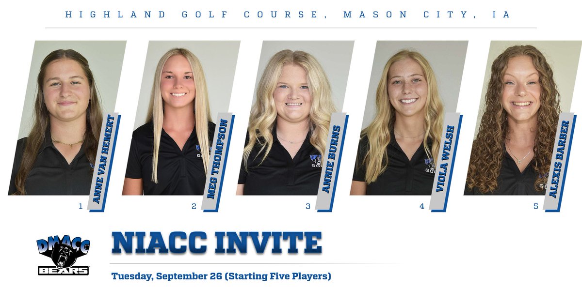 The DMACC Women's Golf team will be traveling to Mason City to play the Highland Golf Course tomorrow, Tuesday, September 26, with shotgun start at 10:30am. 

Halle Hagberg and Lilly Houtakker will be playing as individuals!

#Gobears!