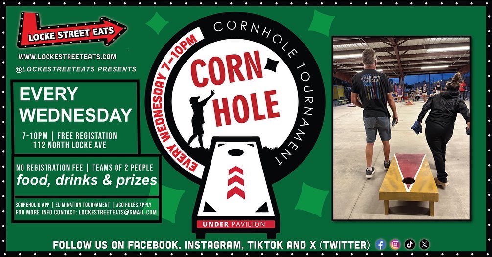 LockeStreetEats's tweet photo. This week September 27th through 30th at Locke Street Eats Wed 27th 7-10pm Cornhole Tourney 7-10pm, Thurs 28th 6-10pm Microband Karaoke/DJ/Digital Band, Frid 29th Rei Gurren Band 6-10pm, and Saturday 30th 6-10pm 100 Year Flood. Great food drinks and entertainment @lockestreeteats https://t.co/RbgpRTAKat