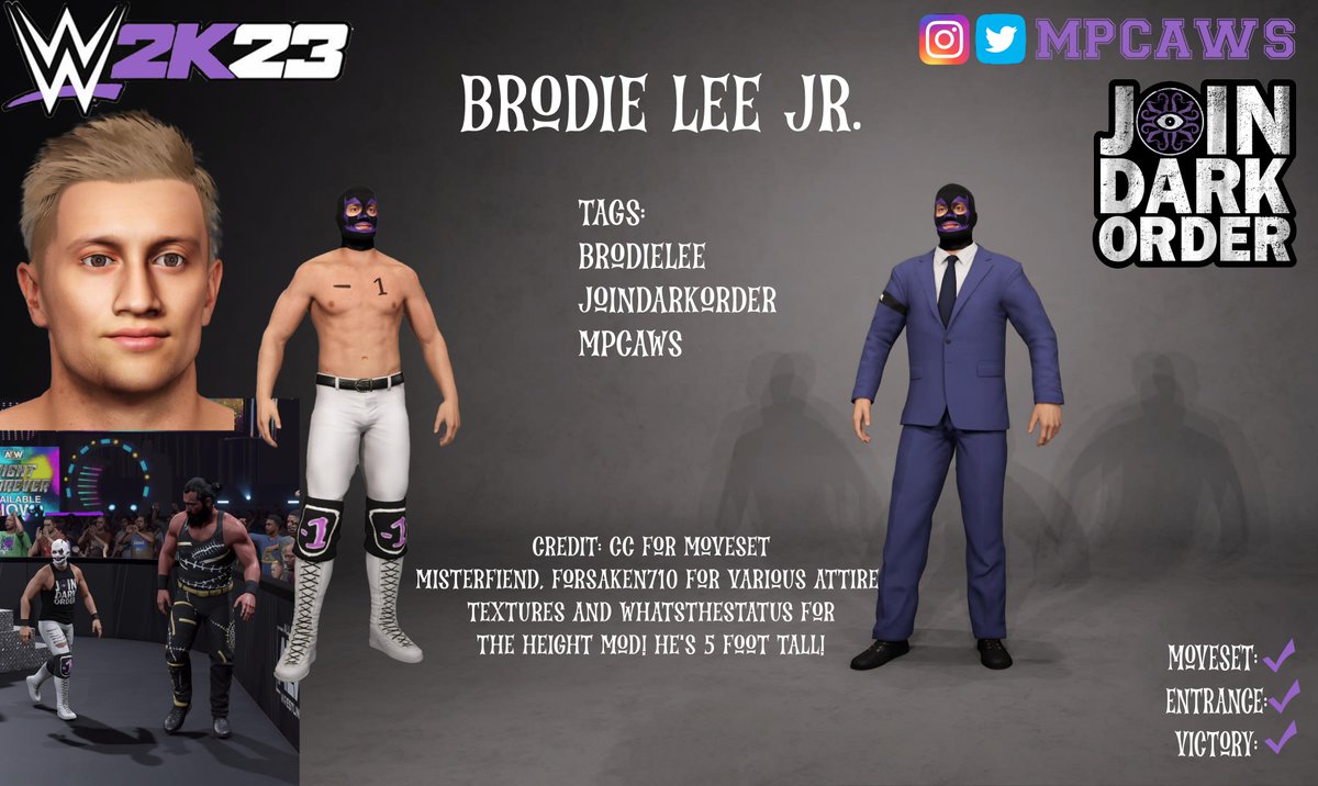 MPCAWS's tweet photo. Surprise! Last one for now. Brodie Lee Jr aka #Negative1 now uploaded. Huge thanks to @WhatsTheStatus for the height hack to make him only 5 feet tall! Dont touch the height/body settings! . Has a face texture under all the masks just need to change hair. #joindarkorder https://t.co/WdAfFg25Ck