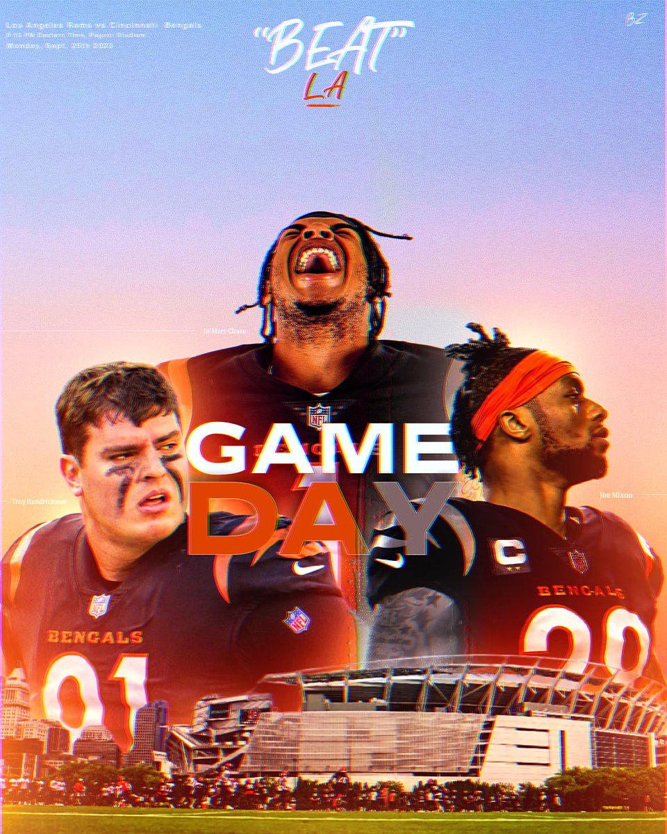 ImBigZy's tweet photo. “Beat LA” ~ Rams vs. Bengals

It’s Gameday!

Rams come to Cincinnati to face the Bengals in a Super Bowl Rematch.

Artwork done for: @bengals @paycorstadium @lahjay10_ @trey_hendrickson91 @nfl @nfluk @nflfrance @nflmx @nflaunz @mundonfl @nflfantasy @nflnetwork @nflbrasil @ESPNNFL https://t.co/kF5o1nyDBX