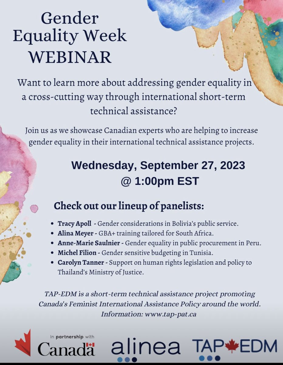 📢 Registration still open for this TAP-EDM upcoming #webinar on #GESI in Canada and around the world. 
**Webinar link** 👉  lnkd.in/e6G-z36G
This webinar is offered in both #officiallanguages and will offer simultaneous translation.
@Alinea_Ideas @CanadaDev