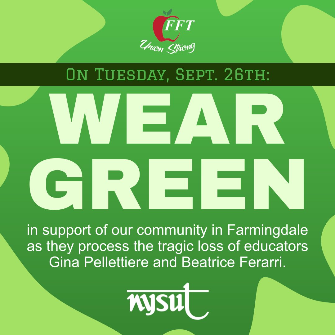 Tomorrow, everyone is encouraged to wear green in support of Farmingdale as they process the tragic loss of two educators. Take photos, use the hashtag #DalerforaDay and share your love for the those impacted by last week's tragic bus crash. #DalerStrong #DalerforaDay