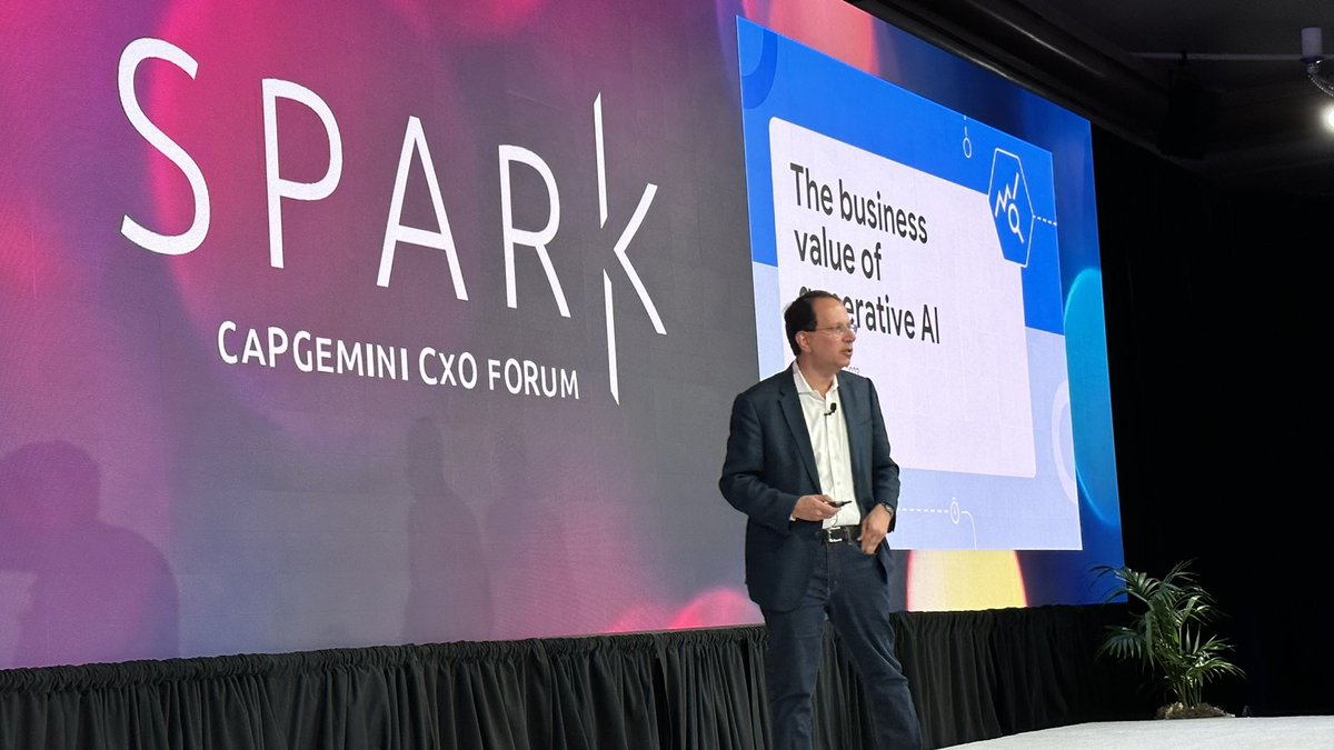 rwang0's tweet photo. MyPOV: @Ichhpurani of @googlecloud take stage sharing the l business value of generative AI @Capgemini #CapgeminiSpark https://t.co/7QJHGfm4XP