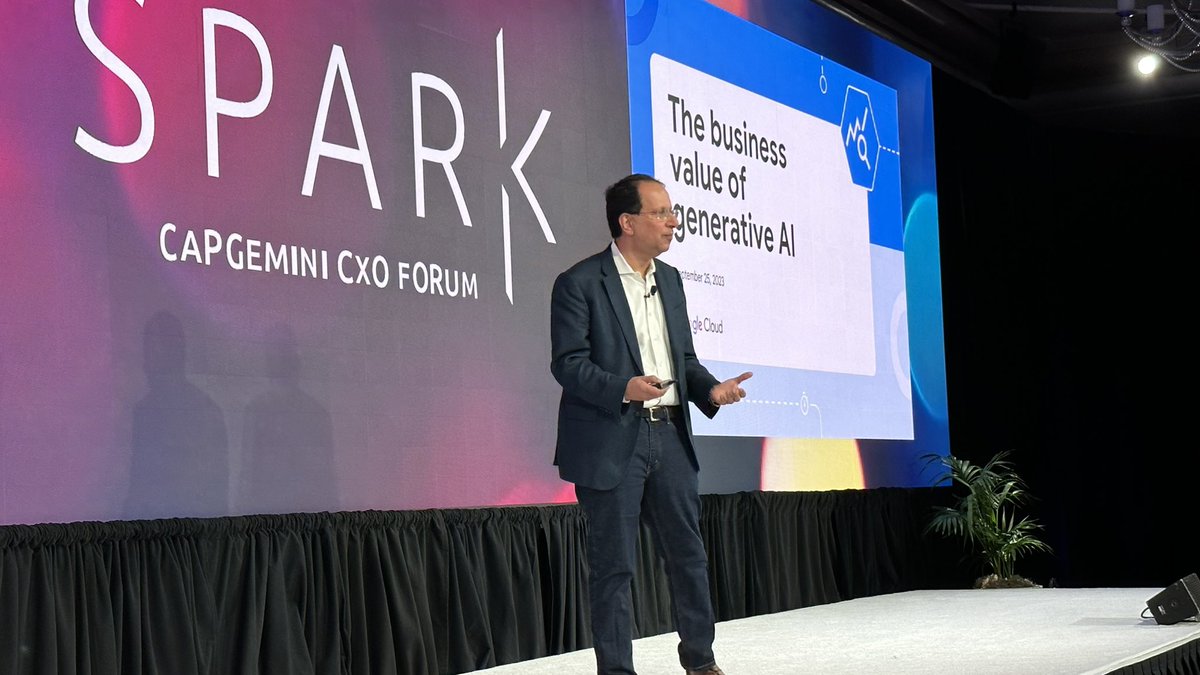 rwang0's tweet photo. MyPOV: @Ichhpurani of @googlecloud take stage sharing the l business value of generative AI @Capgemini #CapgeminiSpark https://t.co/7QJHGfm4XP