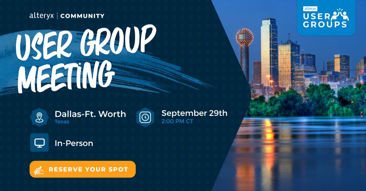 Power2Know's tweet image. Save the date for the next Dallas #AlteryxUserGroup meeting at @UT_Dallas. Be ready for a full agenda with lots of great topics!

🗓️ September 29th, 2pm CT

Reserve your spot now: ow.ly/Pm2L104UKl4

#DallasAnalytics #AnalyticsEvents