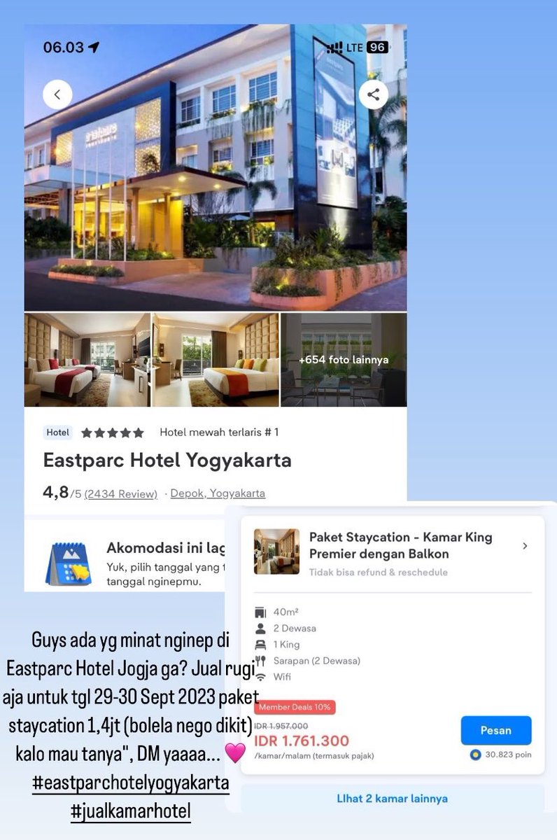 rarafafara's tweet photo. Guyss bantu jualin donk, ada yg minat staycation ke Eastparc hotel Jogja tgl 29-30 sept 23? aku lebih 1 kamar yg Paket staycation. Aku jual rugi 1,4jt, boleh nego dikit, kalo berminat boleh dm aja ya..

Ada juga yg bukan paket staycation di tgl 28 september, aku jual 1jt aja🙏🏻 https://t.co/kSas7w13iu