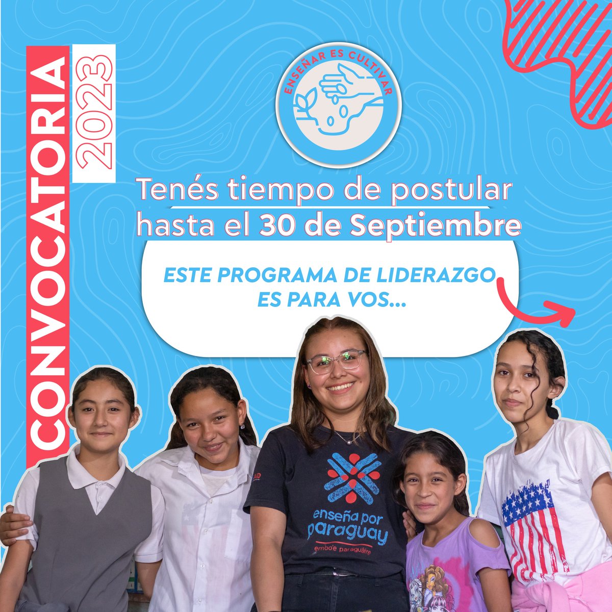 EnsenaxParaguay's tweet photo. Todavía podés postular a la Convocatoria 2023 de nuestro Programa de Liderazgo.
Y sé parte de cultivar una mejor educación 📝💙
📌 Para postular ingresa a este link https://t.co/D5X0So3vtA
📌 Para obtener más información sobre la postulación https://t.co/oIKhooNU9z https://t.co/jz1p3lAnFr