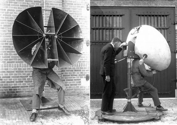 Aircraft detection before radar, 1917-1940. 
Acoustic location was used from mid-WW1 to the early years of WW2 for the passive detection of aircraft by picking up the noise of the engines.