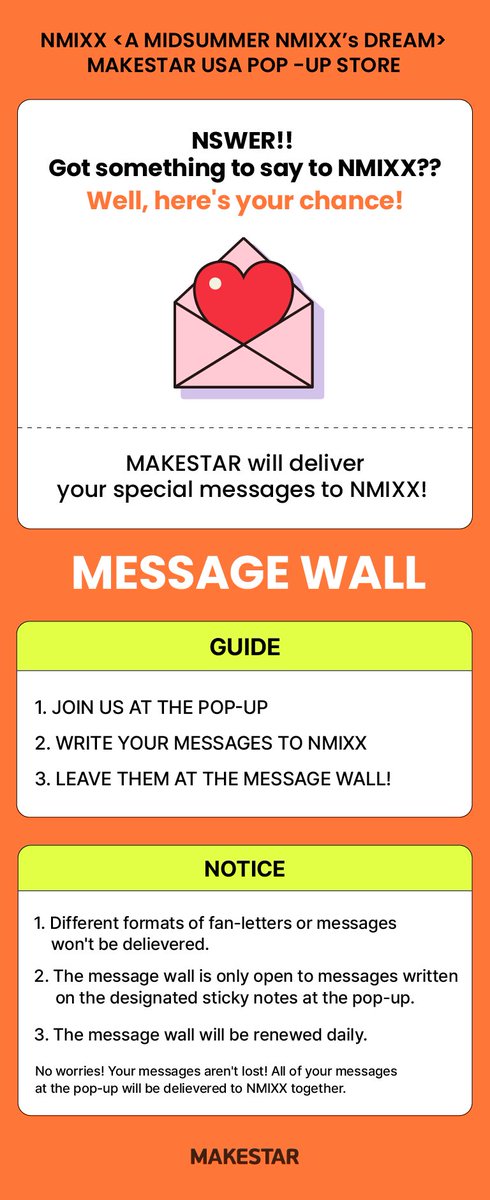 KPOPStation2020's tweet photo. Send your lovely letters to NMIXX! 💌📫

Join us and @makestar_official at <A MIDSUMMER NMIXX’S DREAM> USA POP-UP STORE to send special messages to your your favs, NMIXX! 🌟📝

#MAKESTAR #NMIXX #KPOPSTATION #MAKESTAR_OFFICIAL https://t.co/7m09nxomOE