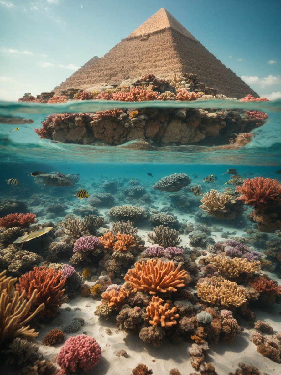 Ancient Egyptian pyramids float above a vibrant coral reef.
<a href="/leonardoai/"></a> ##LeoWorldsCollide
