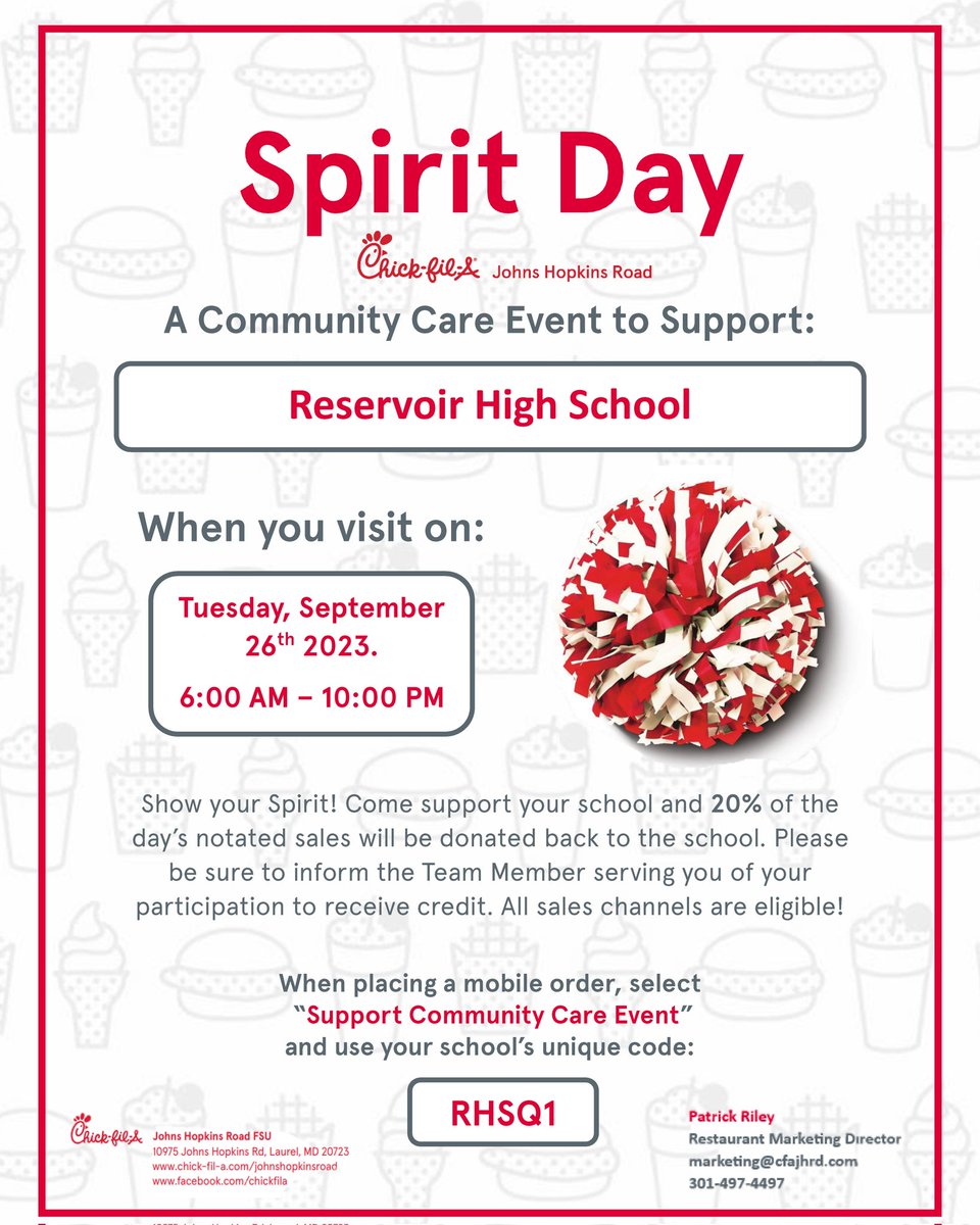 First Spirit Day of the School Year
ALL DAY TUESDAY SEPT 26th

Make sure to mention Reservoir when ordering in person either in the restaurant or thru the drive thru!

If using the mobile app select "Support Community Care Event" and type in the code RHSQ1 

<a href="/hcpss_rhs/">Reservoir HS</a>