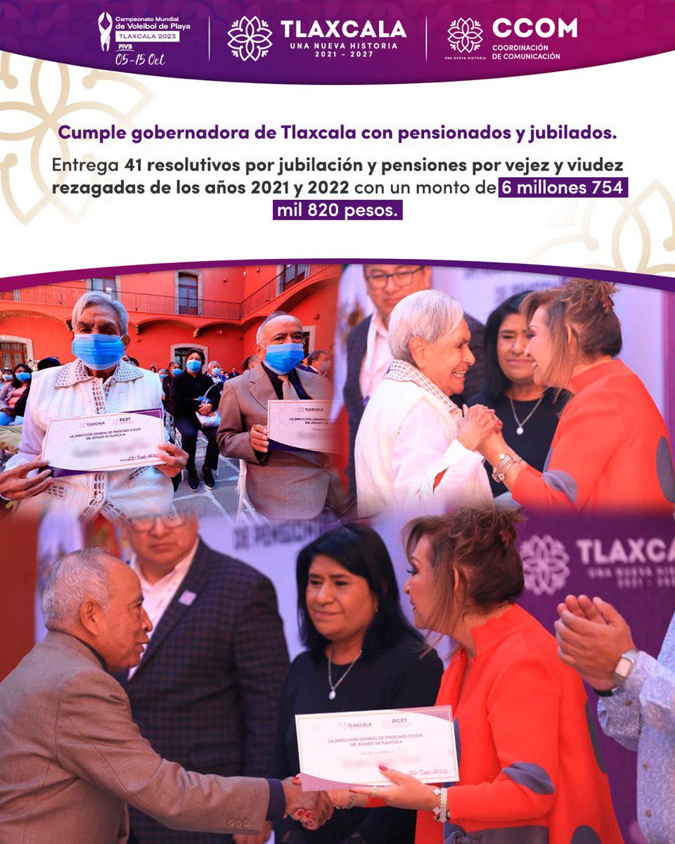 LorenaCuellar's tweet photo. Este lunes entregamos 41 resolutivos por jubilación y pensiones por vejez y viudez de los años 2021 y 2022, con un monto de 6 millones 754 mil 820 pesos.

#UnaNuevaHistoria https://t.co/hFs0HUJ7HV