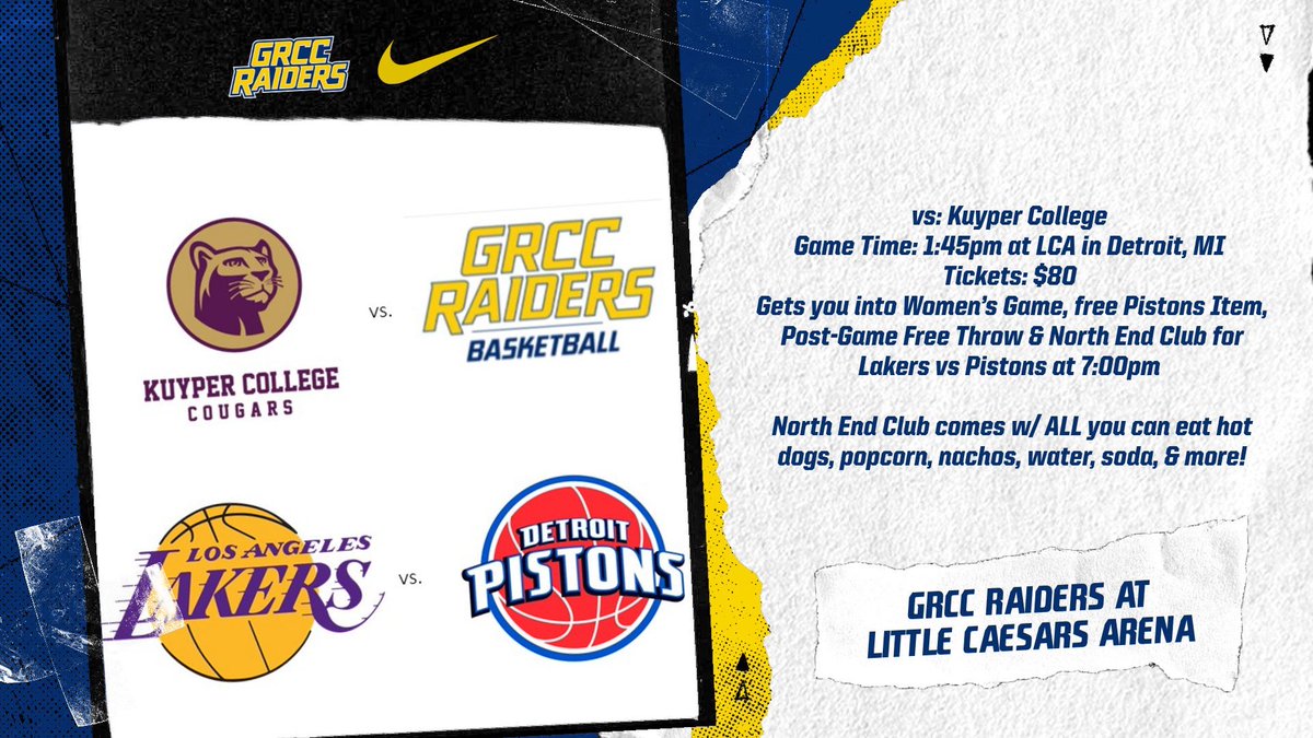 Announcing our November 29th game vs <a href="/kuyperwbball/">Kuyper College Women's Basketball</a> set to take place at <a href="/LCArena_Detroit/">Little Caesars Arena</a>. DM us for info on tickets or email dglazier@grcc.edu

Stick around to catch the <a href="/DetroitPistons/">Detroit Pistons</a> play the <a href="/Lakers/">Los Angeles Lakers</a> at 7pm!